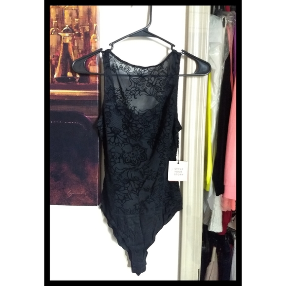 💋 Lace Bodysuit Jet Black Velvet Floral Shadow - Picture 2 of 6